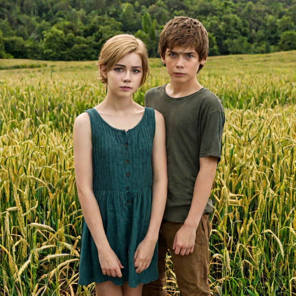 Maze Runner,Boy hugs Girl while girl is crying in his chest, Girl has long blond hair and green eyes, Boy looks like Thomas brodie-sangster/ Newt from maze runner, They are standing on a giant field of gras,