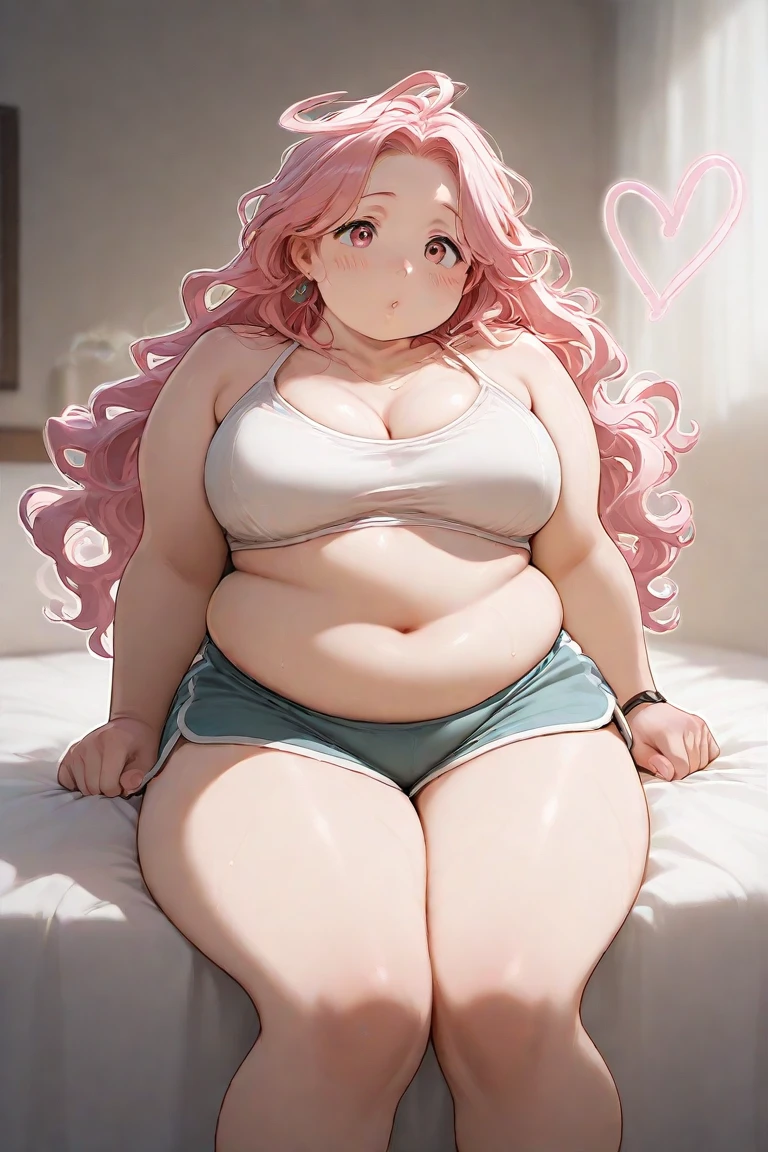 (((Masterpiece))), ((highres)), ((high qualirt)), ((detailed)), beautiful, chubby girl in pink pajamas fingering her deep belly button, loose clothes but still tight on her fat body