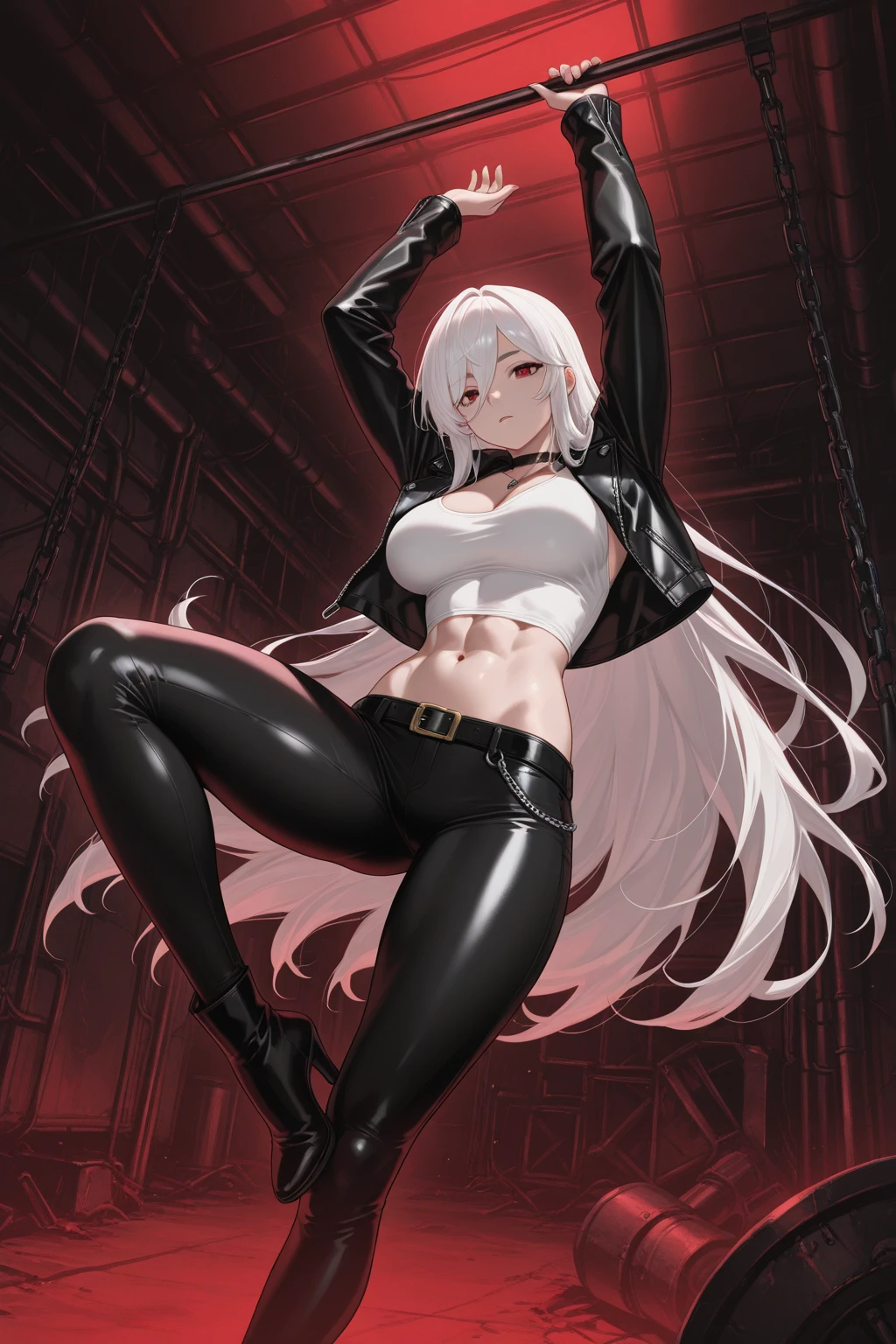 > **scene:** > A female blood demon advancing towards the camera with a threatening and seductive posture. His feet are bare and highlighted, showing his power and attractiveness. The camera is focused on his progress, highlighting his defiant attitude. The character's entire body must be visible. > > **Appearance:** > - **fur:** pale pink, with a subtle glow. > - **Hair:** short, pink with touches of red and white, slightly messy. > - **Clothes:** Scanty but elegant clothing, with leather straps and light armor covering strategic parts of his body, leaving enough skin exposed to enhance your attractiveness. > - **expression:** Challenging and seductive, with a fixed gaze towards the camera. > > **bottom:** > A dark and mystical scene with swirling red fog and shadows. The background includes ancient ruins and a bloody altar with demonic markings and symbols. > > **visual effects:** > - **Blood Aura:** Red and black particles floating around his body. > - **Shadows and Dark Energy:** Emanating from your feet and hands. > - **bright Eyes:** With a deep red glow. > > **Additional details:** > Blood marks on his skin and clothes, lighting that accentuates your facial features and highlights the contrast between the darkness of the background and its pale glow.