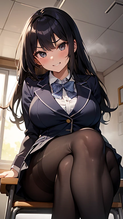 Top quality, masterpiece, High resolution, (Head to toe full body), front, frontやや下からの構図, Symmetric, Tall 18 year old girl, alone, (Head to toe), (Large Breasts), Messy black hair, bangs, (black tights), (Black Pantyhose), (Sit with your legs apart), (Crouching pose), (Composition showing white panties), (Her legs were spread、I see your white pants.), (I was made to sit on the floor with my legs spread..), (M-shaped legs), Thin legs, A very beautiful and tall 18 year old girl, (No shoes), blush, Shy big eyes, looking at the camera, Blazer Uniform, Checkered Pleated Skirt