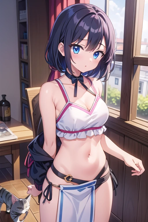 (masterpiece:1.3,nsfw),best quality,PIXIV,sweat,
cowboy shot,1woman、18-year-old、Beauty, solo,white bra,black hair,bob hair, blunt bangs, shoulder-length hair,shirt, school uniform,pleated skirt、mini skirt,Cotton bra,topless,blue hair, looking at viewer, from front, skinny、smaller head、medium breasts,sweat, striped bra、black eyes,shy look、a smile,Simple bed、simple bedroom、sunset、