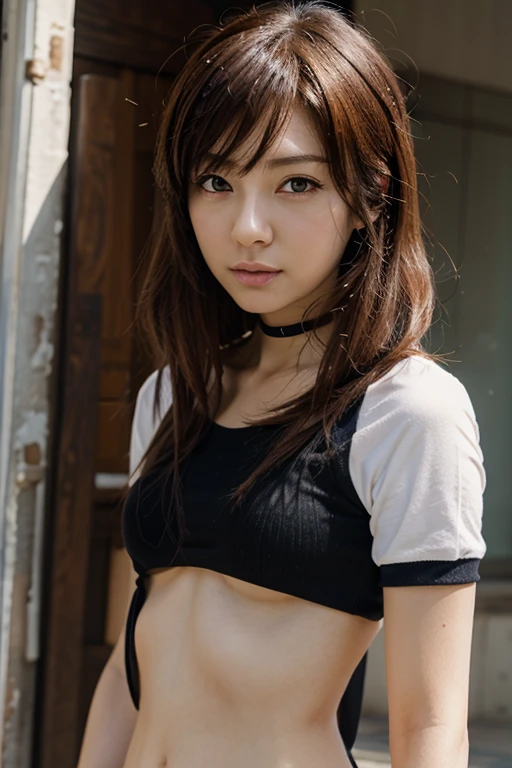 This photo shows、It captures a beautiful Japanese girl posing in a dilapidated urban environment.。She is torn、She was wearing a dirty tank top and underwear.、The surrounding area is made up of the remains of destroyed buildings.。The photo appears to have been taken in evening light.、The soft sunlight hits the woman&#39;s face and skin.。This contrast is strong、It emphasizes the contrast between the harshness of the environment and the beauty of the women.。Overall、This photo shows the contrast between devastation and vitality.。