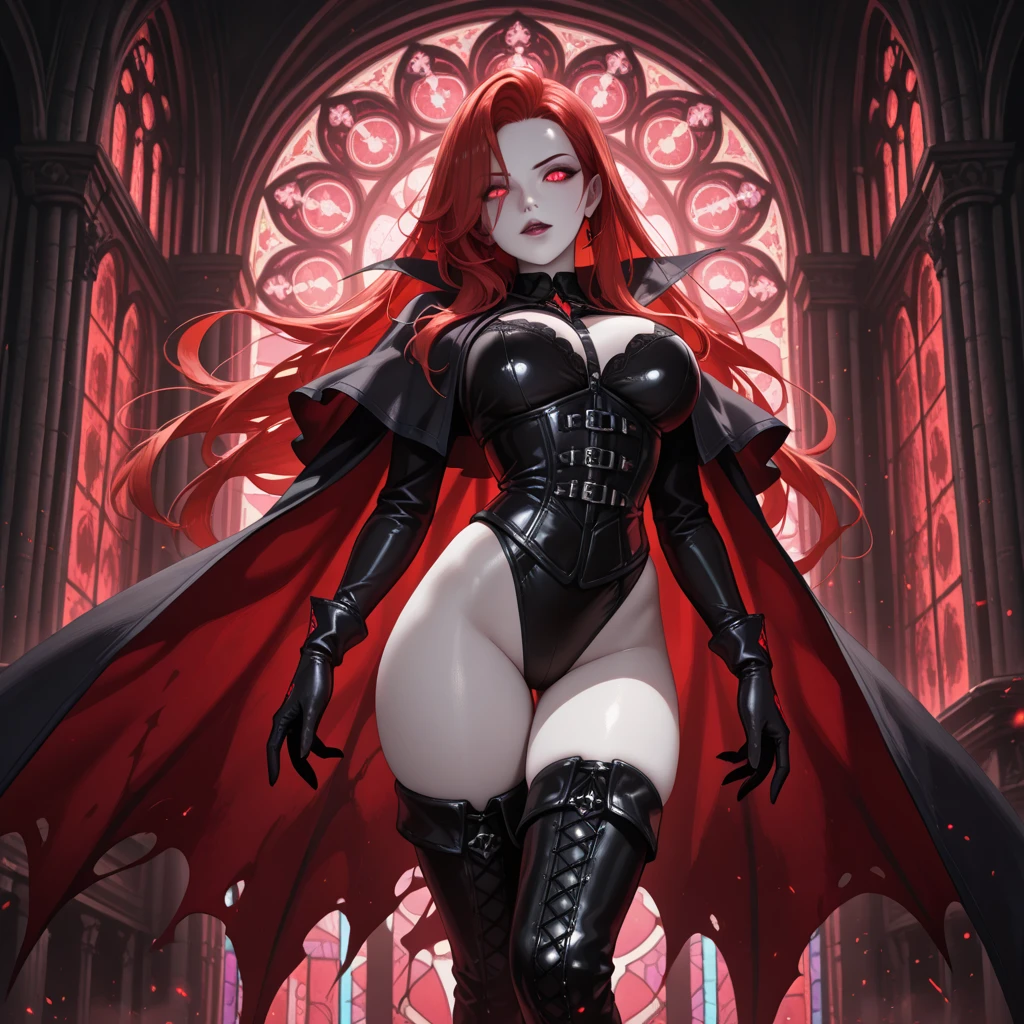 Red skin,masterpiece, best quality, beautiful lighting, 1girl, dragon horns, long hair, twintails, red hair, messy hair, yellow eyes, tight black dragon scale armor, medium breasts, pointy ears, black gloves with white fur, black eyepatch on right eye, evil smug, standing, royal room, medium breasts, black spike club, sharp teeth, one tusk, thick thighs, black leggings with white fur at the top, black boots with white fur, white fur coat, black collar connected to armor, very very muscular, thicc, big girl, dark skin, exposed arm, exposed toes, monsterous.