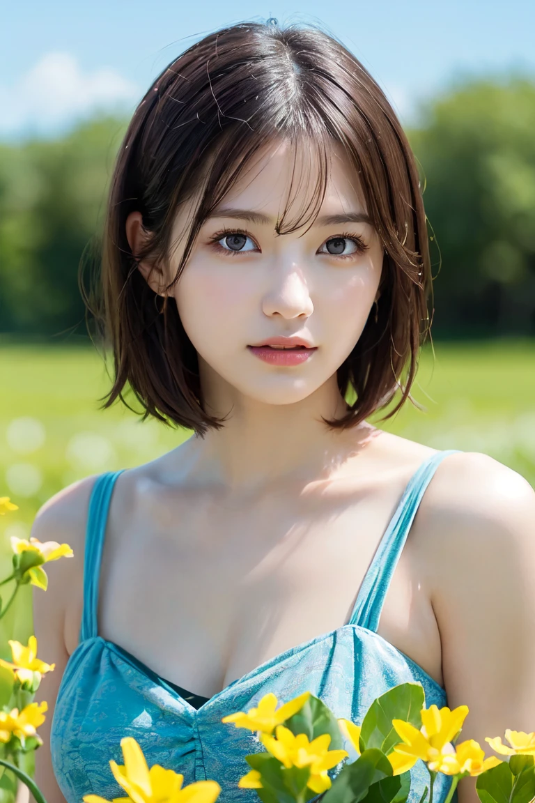 Ultra-high resolution、(Real:1.4)、One beautiful woman、Beautifully detailed eyes and skin、Light brown short hair、laughing、Small Bust、shirt、White and pink flowers in the meadow々、Valley、Remains of megastructures、wood々Beyond the sea、Refreshing blue sky、Afternoon sunshine、A refreshing breeze is blowing、