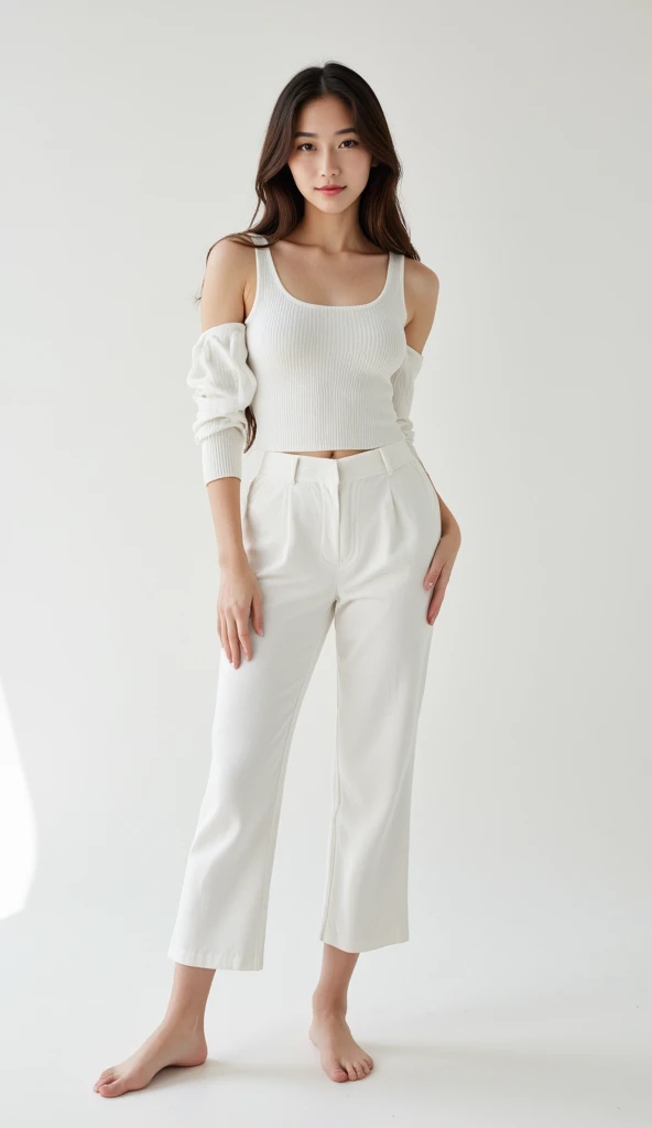 Beautiful Two Japan Women、thin、masterpiece、High resolution、Realistic、ponytail、White tank top、Wide-leg trousers、Shoulder out、Natural skin texture、Full body angle、Stiletto heels、Sit on a chair、