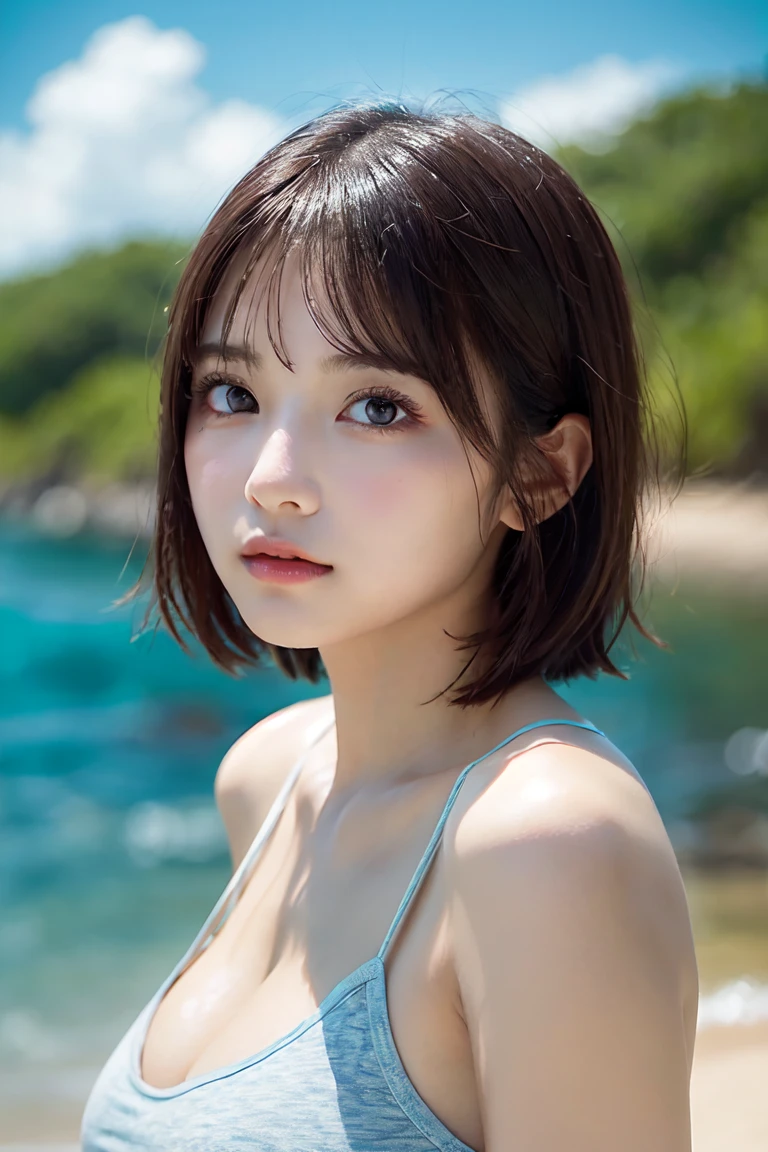 (8k, RAW photo, best quality, masterpiece:1.2), (realistic, photo-realistic:1.4), (extremely detailed 8k wallpaper), sharp focus, depth of field, bocinematic lighting, soft light,detailed beauty eyes,shiny smooth light brown long bob hair, asymmetrical bangs, shiny skin, super detailed skin,high resolution, high detailing, detailed hairstyle, detailed beauty face, hyper realistic, perfect limbs, perfect anatomy ,1 japanese girl,famous Japanese idol, perfect female body, ((huge and sagging breasts)), short eyelashes,double-edged eyelid,long bob hair, (extra small micro bikini),(Tropical Beach:1.3), looking at viewer,(beautiful breasts:1.3),(beautiful skin:1.5), (((A girl is standing on the beach, the camera is shooting from above, from head to waist.)))