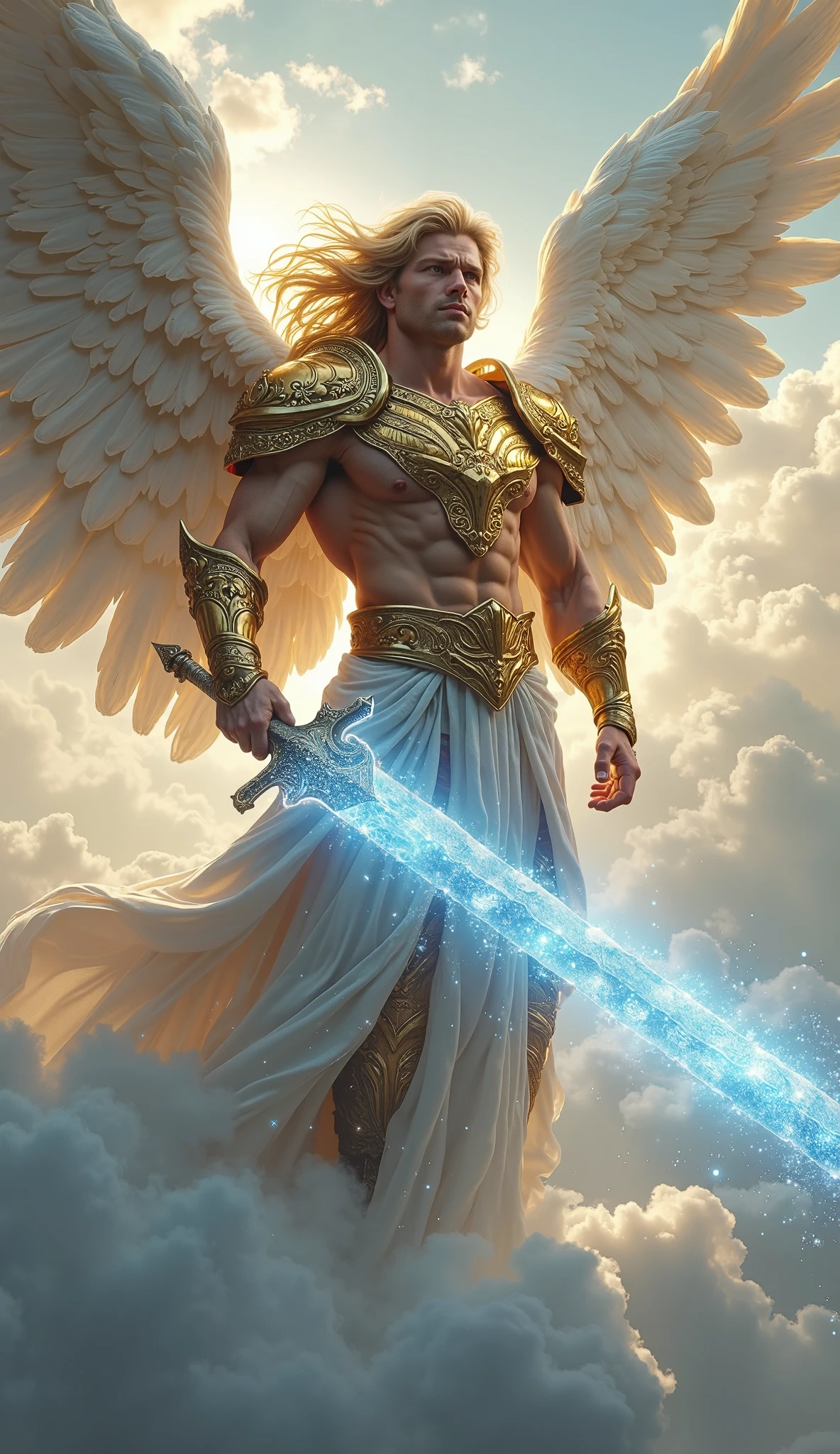 Create a highly detailed and realistic image of Archangel Michael, inspired by the biblical description from the 1611 King James Version of the Bible. Depict him as a commanding celestial warrior with a muscular and athletic body, bright, piercing blue eyes, and long, flowing blonde hair. He should be wearing a golden celestial armor intricately carved with sacred symbols and a flowing royal blue cape draped over his shoulders. Michael holds a flaming sword with blue flames enveloping the blade, radiating divine light, while his massive, detailed wings with white and gold feathers shine intensely. The background is a celestial battlefield, with dense clouds and storms of divine light on the horizon, symbolizing the eternal struggle between good and evil. The lighting should be dramatic, with divine rays illuminating Michael at the center of the image, creating an intense contrast with the background. Use a low-angle perspective to emphasize his grandeur, and apply a depth of field that highlights his figure while slightly blurring the background, adding an ethereal effect to the scene.