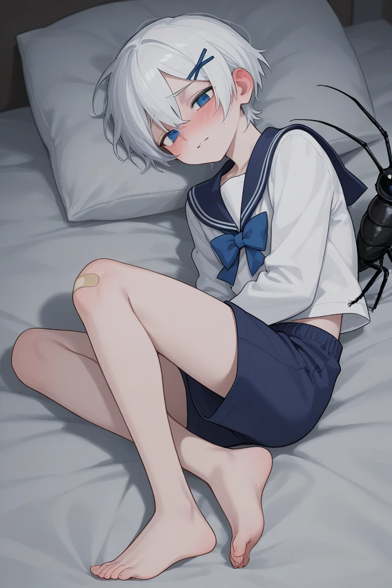 1 boy, shota, femboy, short, white hair, pale skin, shorts, White sailor t-shirt, red eyes, doppel docu stile, Thick sexy thighs, penis bulge between the legs, sexy, blank expression , (cartoon-style bold line work:1.2), vibrant colors, cel shading, inside a room, bed
