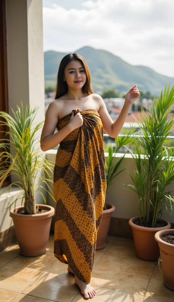 A mature malay woman, 45 years old, wear malay kain batik sarong, The batik sarong is wrapped over the chest until up to the thigh, big breasts and butts, smile looking horny, photo taken fullbody at the bathroom, sexy, seduce, wet