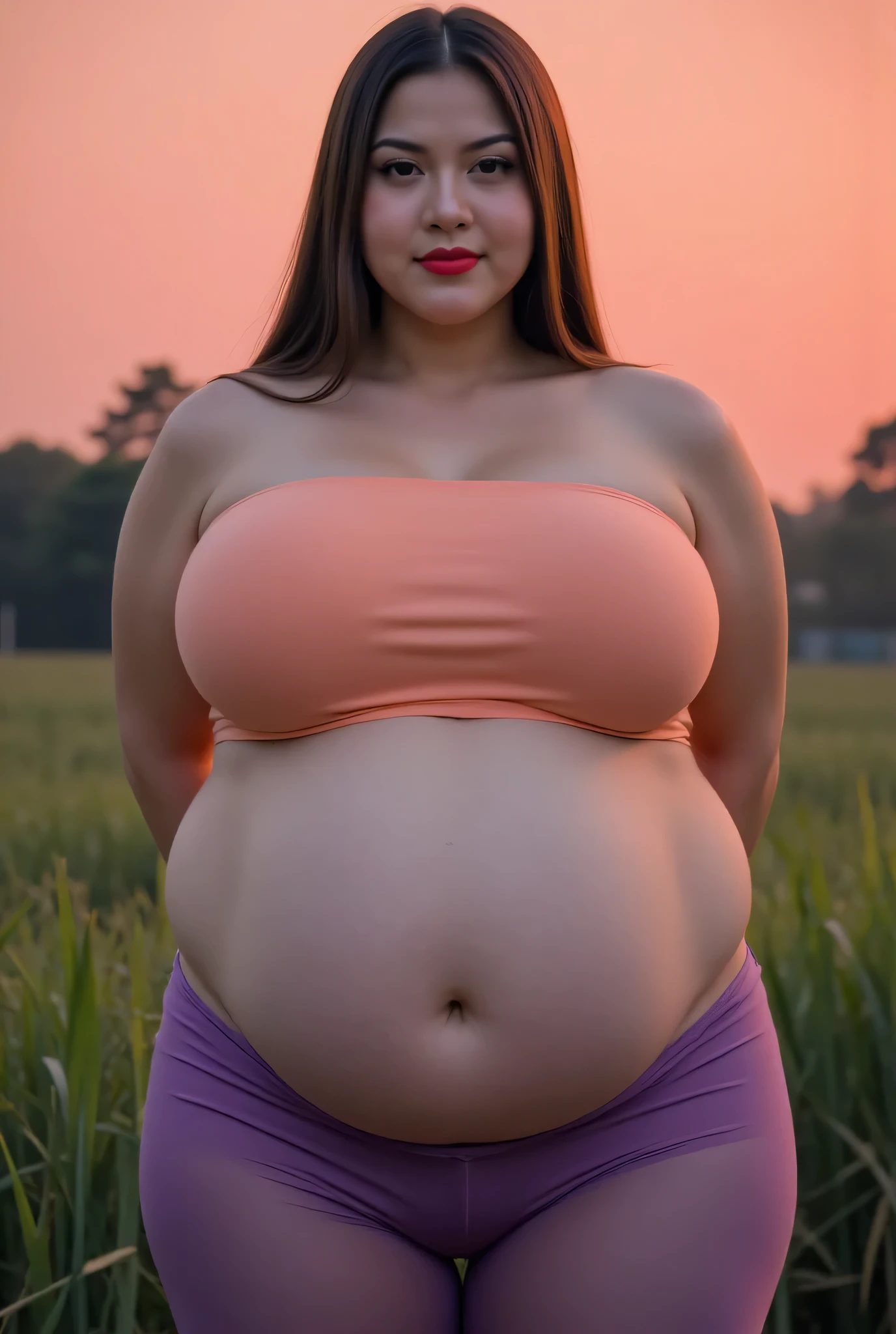 Bbw Fat Futanari, rambut LURUS menutupi telinga perfectly, Wearing peach plain Strapless, view from the front, both hands lying behind back, background rice paddy. twilight is red atmosphere, FRONT IMAGE, red lips 👄 (Detailed translucent high waist neon purple leggings closing center), overweight plump and perut buncit berlemak, perut buncit berlemak