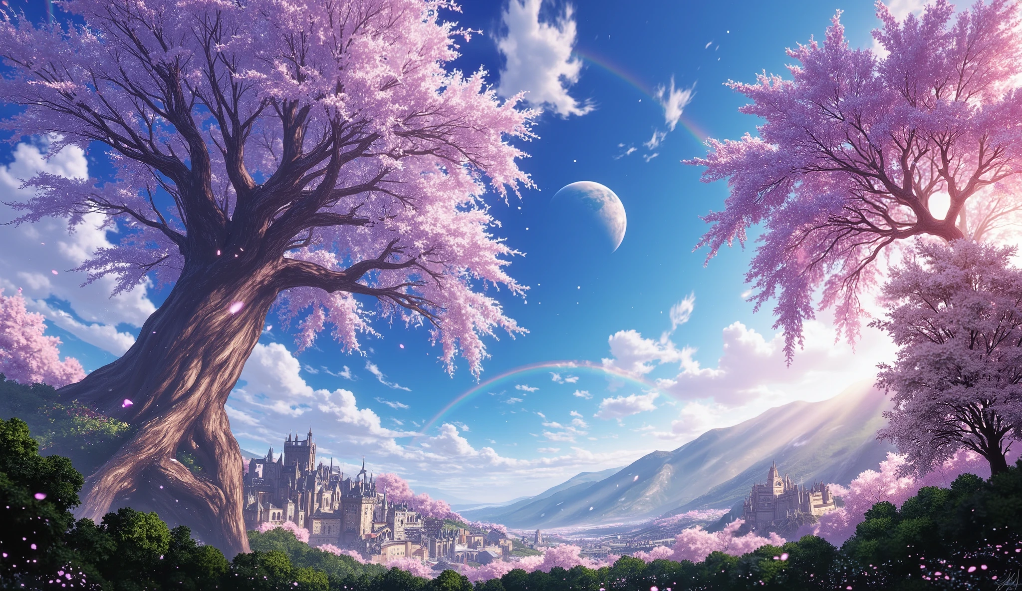 (( Astonishingly )),(Masterpiece:1.2),超High resolution, Attention to detail, high quality, High resolution, 最high quality, 4k, 8K、 very beautiful、a big fantasy tree and heavenly、landscape、Sky blue and infinite pink、A rainbow appears、There are a lot of beautiful medieval buildings、cherry blossom leaves flying,rainbow、 big planet with beautiful rings in the beautiful sky