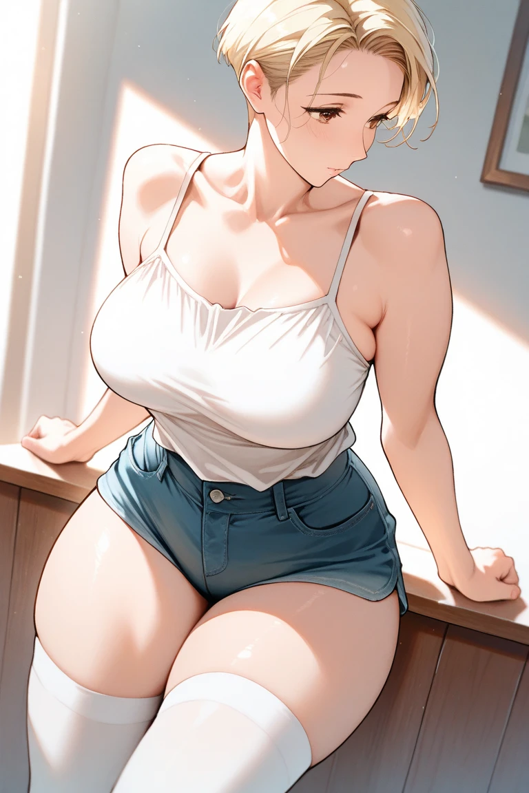5’2 height, pale Blonde woman, short blonde hair, short twintails, lipstick, pale skin, wearing a tight white T shirt, tight short sleeve, jean booty shorts, very large breasts, busty, wide hips, thick thighs, large thighs, wearing small black flip flops, full body showing, entire legs and feet showing in a room, anime, short legs, cute feet, small feet, 5 toes on each foot, white nail polish, standing up