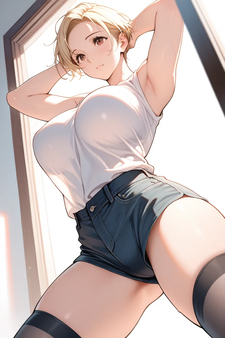 (masterpiece、Highest quality)、Highest quality, Ultra-high resolution, (((masterpiece))), alone, Sweat、Big eyes, Composition from the front、short hair、both ears、Embarrassed face、Blonde Hair、School classroom、Sailor suit、Upper body naked、Breasts exposed、Nipples、Large areola、belly button、skirt、Upper body close-up、Sit with your legs apart、panties、Pussy Line、Browsing Caution