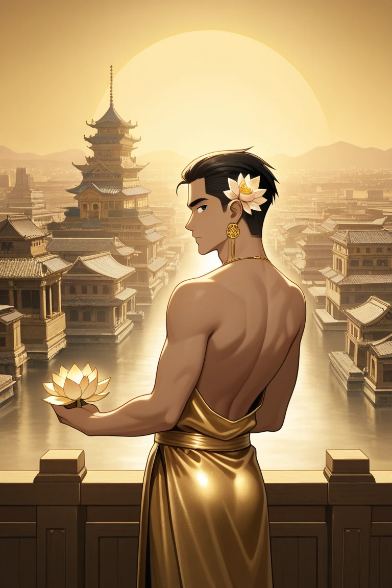 man,Not wearing a shirt,Light green,Golden Thai jewelry,high,Wearing ancient Thai shoes,stand