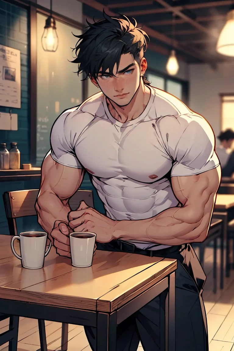 portrait of a handsome man, anime, soft, smooth, sharp jawline, sexy, (shirtless, muscles, muscular, abs, athletic, perfect body), manly, perfect, illustrated, painterly, necklace, drinking coffee, holding mug, morning, sunrise, inside, warm lighting, global illumination, detailed, masterpiece