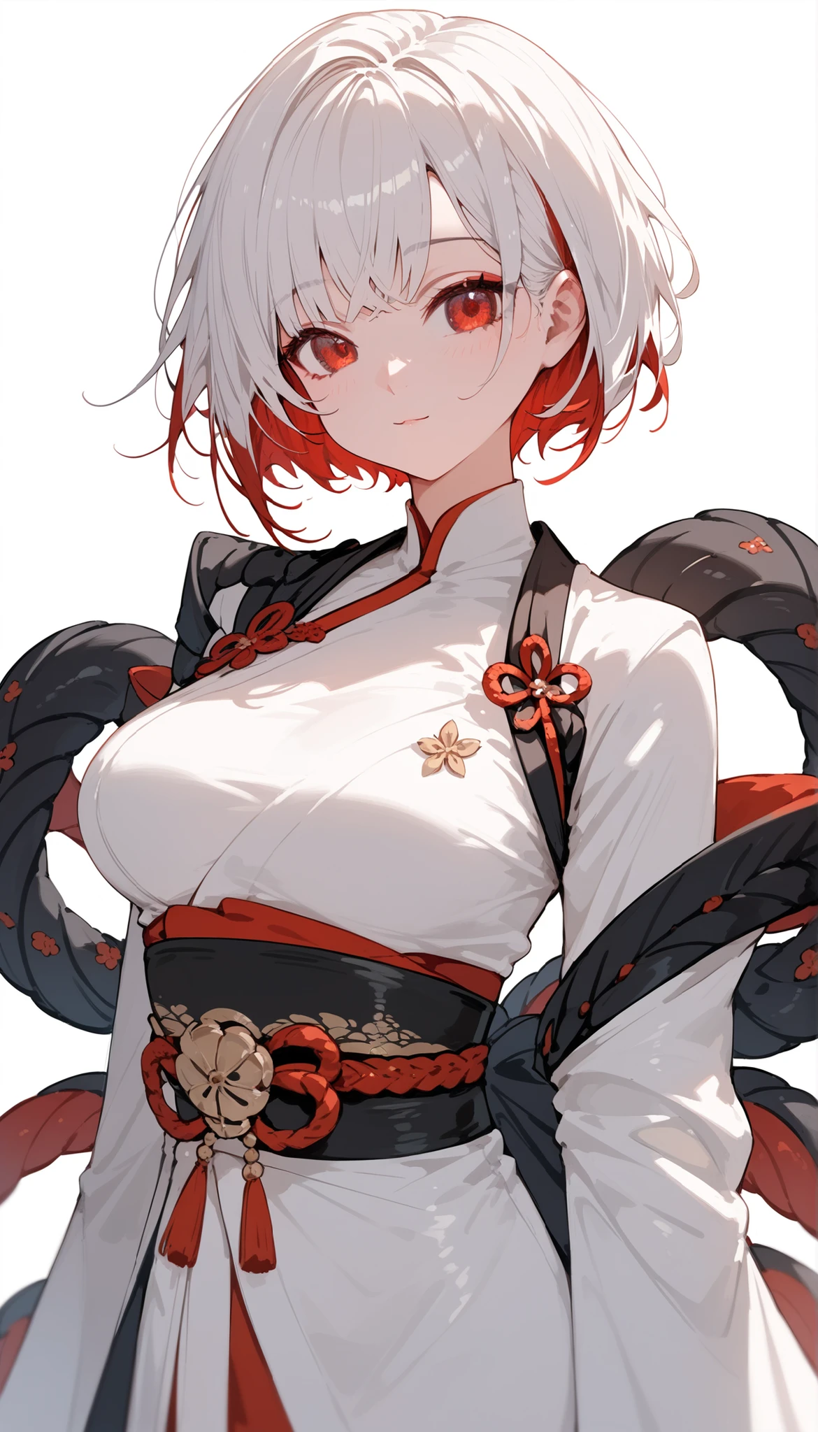 girl,White hair,beautiful face,Kimono, personal illustration 、Short hair, Villain , multi colour hair,red hair,in red eyes,white coat of arms,long sleeve kimono,big breasts,slim,cute,white background