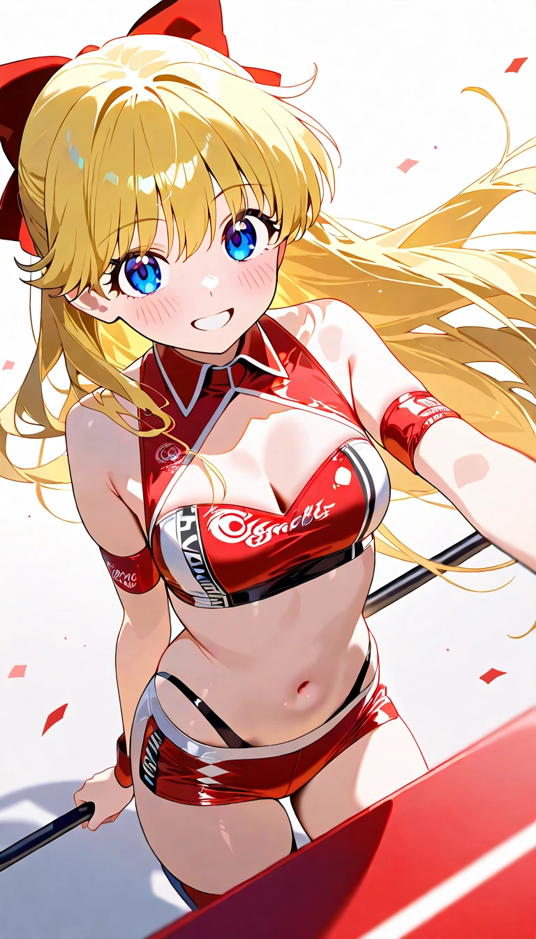 (1girl in:1.2), (Solo:1.2), masutepiece, nffsw、Shaders、Brilliant Textured Work、Ultra-detailed eyes、ultra-intricate pupil in eyes、top-quality、Race Queen Costumes、shiny white gloves、a blond、long pony tail、Narrow-eyed、Tsuriformes、sharp eye、red eyes、very large breast、underboob、Navel、Shoulder out、(Glossy white tube top:1.1)、(Strapless:1 2)、(Shiny white mini skirt:1.1)、pantie shot、(Put one hand on your hip:1.3)、(thin-waist:1.2)、long limbs、Model body type、(Glossy white boots:1.1)、seducting smile、Standing picture、(outdoors:1.1)、(Racing Circuit:1.3)、lawn、big red ribbon、(white clothes:1.1)、Throwing Kisses、