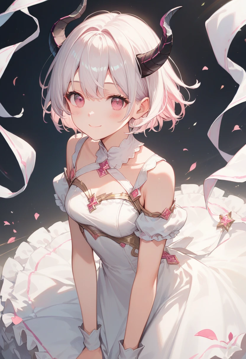 1girl, short white hair, bob cut, pink eyes, medium breast, sharp teeth, cheerful smile, white wedding dress, black gloves, dynamic pose, dramatic, cinematic, best quality, masterpiece, vivid colors, portrait, shine moon background, looking at the camera, from the front, 1result, close up, no errors, the best ???????