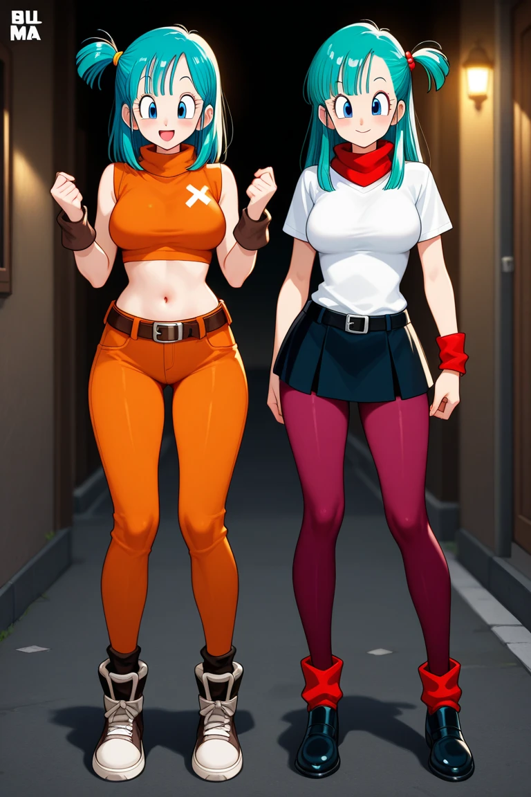 drawn cartoon 2D girl wearing tight skinny jeans and a T-shirt, in which she lifted the T-shirt with her hand, exposing large breasts with erect nipples, she has a curvy, firm body shape, her physique is sexy, that's why the jeans themselves are pulled tight over her ass, she stands in the pose of her ass, she stands with her back and chest stretched forward, and next to her is a version with the same description of appearance and viewing angle that is always on their ass, making everything harmonious