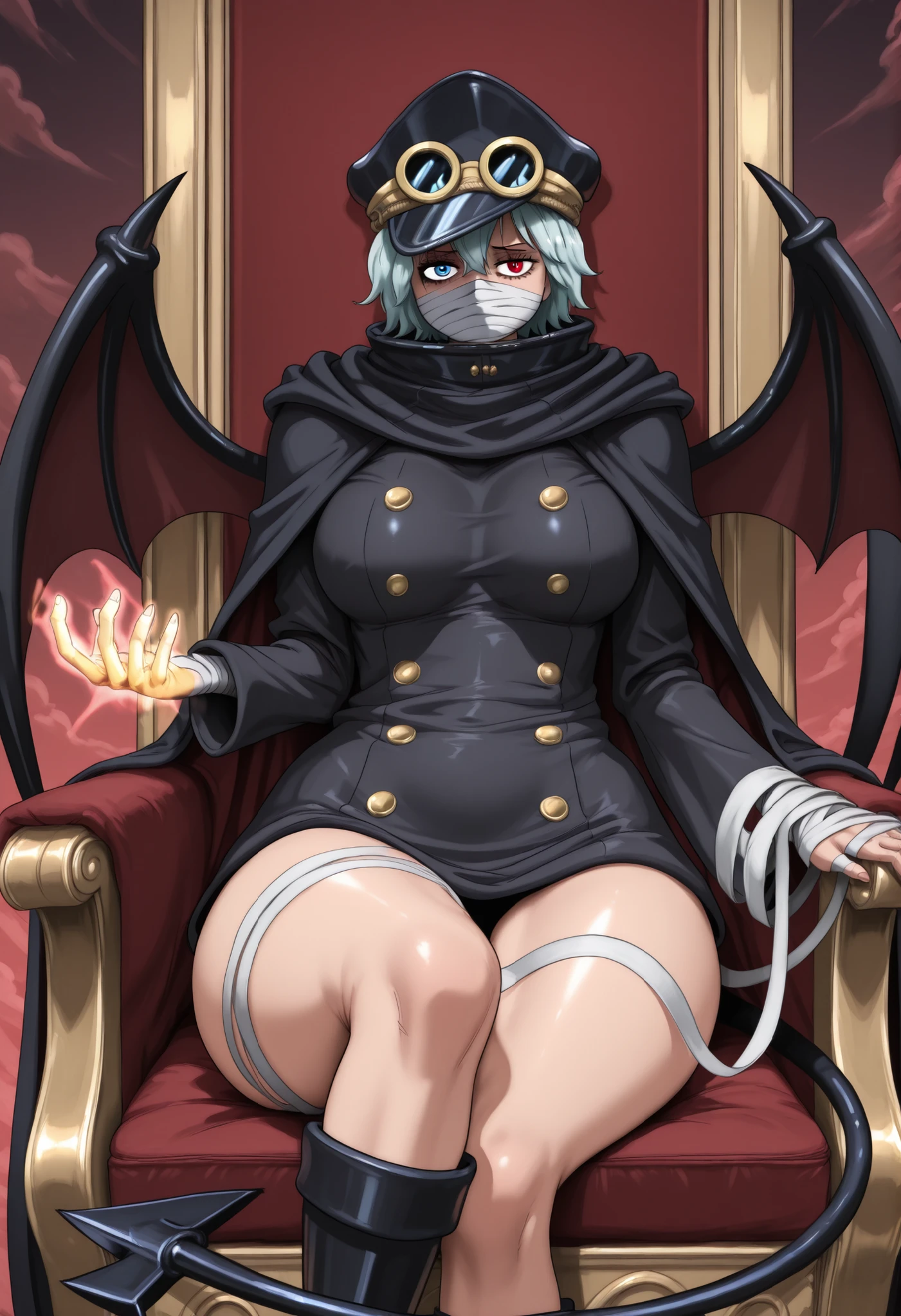 GunkoOP, 1girl, solo, light hair, short hair, hair between eyes, heterochromia, dark right eye, death stare, light left one, scary eyes, lower half of her face bandages, covered mouth, dark scarf, huge devil wings, long devil tail, large breast, thick thighs, wide curvy hips, dark newsboy cap with goggles, double-breasted jacket, extremely long sleeves, gakuran, golden buttons, dark cape, wide hips, knees are wrapped bandages, dark panty, dark boots, high heels, huge trident in her hand, in sky, cowboy shot, sitting on throne, legs crossed