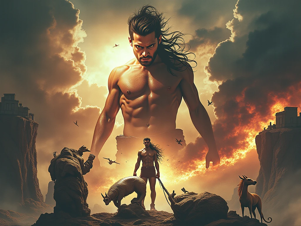 (1boy) (male) ((front view)) ((figure fills frame)) ((facing viewer)) Insanely Handsome, very detailed flawless face, detailed open eyes, very attractive and handsome, epic, heroic, (muscular) bodybuilder, ((big muscles)), ((large pectorals)), narrow waist, short messy hair. ((hairy chest)), ((hairy legs)). Wearing fur loin cloth, carrying a wooden spear. Emerging from a (partially dark cave) entrance. It is (night), the only source of light is a large campfire out of view. Highly detailed fantasy art, dramatic volumetric light, artstation, beautiful modern fantasy illustration.