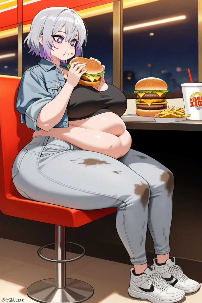Cute anime 1girl, white pajamas, purple shorts, full body, gigantic breast, huge thigh, sitting on the bed at night and eating burgers, obese belly