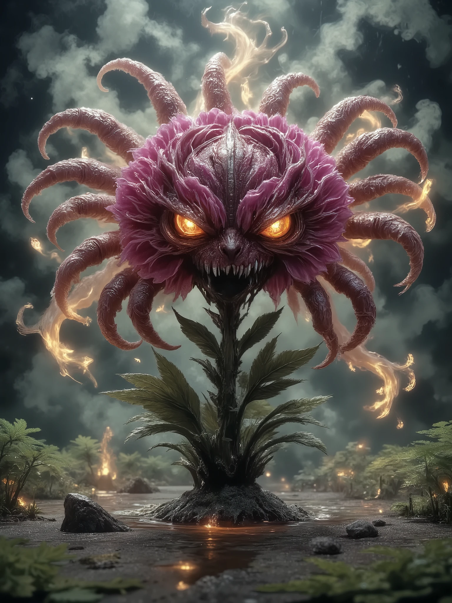 peonies, shadow demonic flower, demon aura, dark spell, spell patterns in the air, spell symbols, evil flower, nimbus dragon, Harajuku style