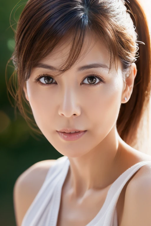 masutepiece,award - winning photo, Extremely detailed, edgOrgasm, Woman with mouth open and eyes closed , Chiseled face、Tank Tops、sharp nose、elongated nostrils、Skin shiny with sweat、Illumination that emphasizes shiny sweat{Realistic nostrils}, A dark-haired、On a park bench、You can see children playing in the park、There are a lot of people in the background,There are several children nearby、well-shaped breasts、Sweat,Face shining with sweat、Skin shiny with sweat、