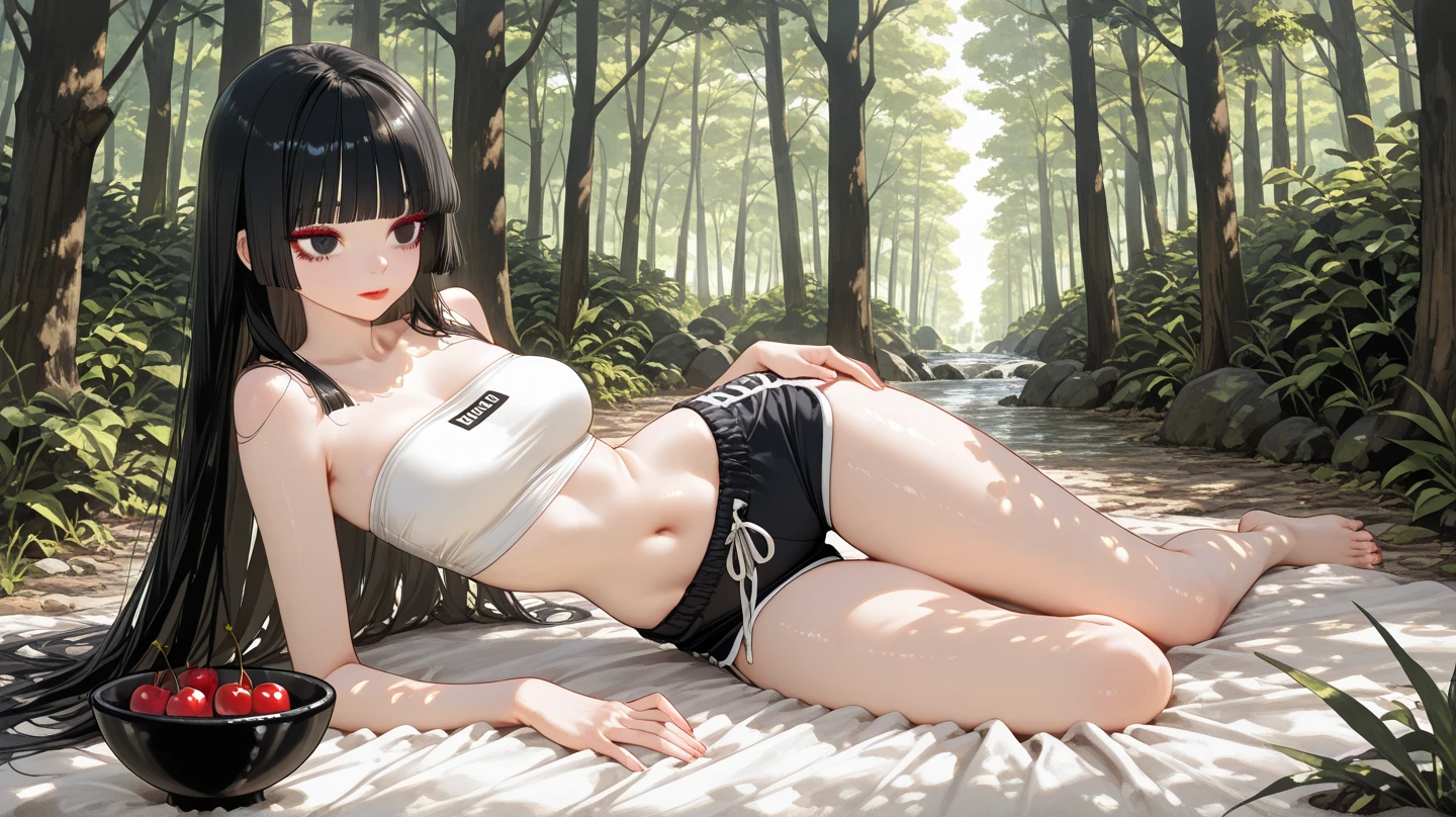 Cute girl 14 years old, black hair red eyes, big breasts, Beautiful butt, wet, white underwear, bare chest, stream in the forest, , innocent, camel toe, Spread your legs,