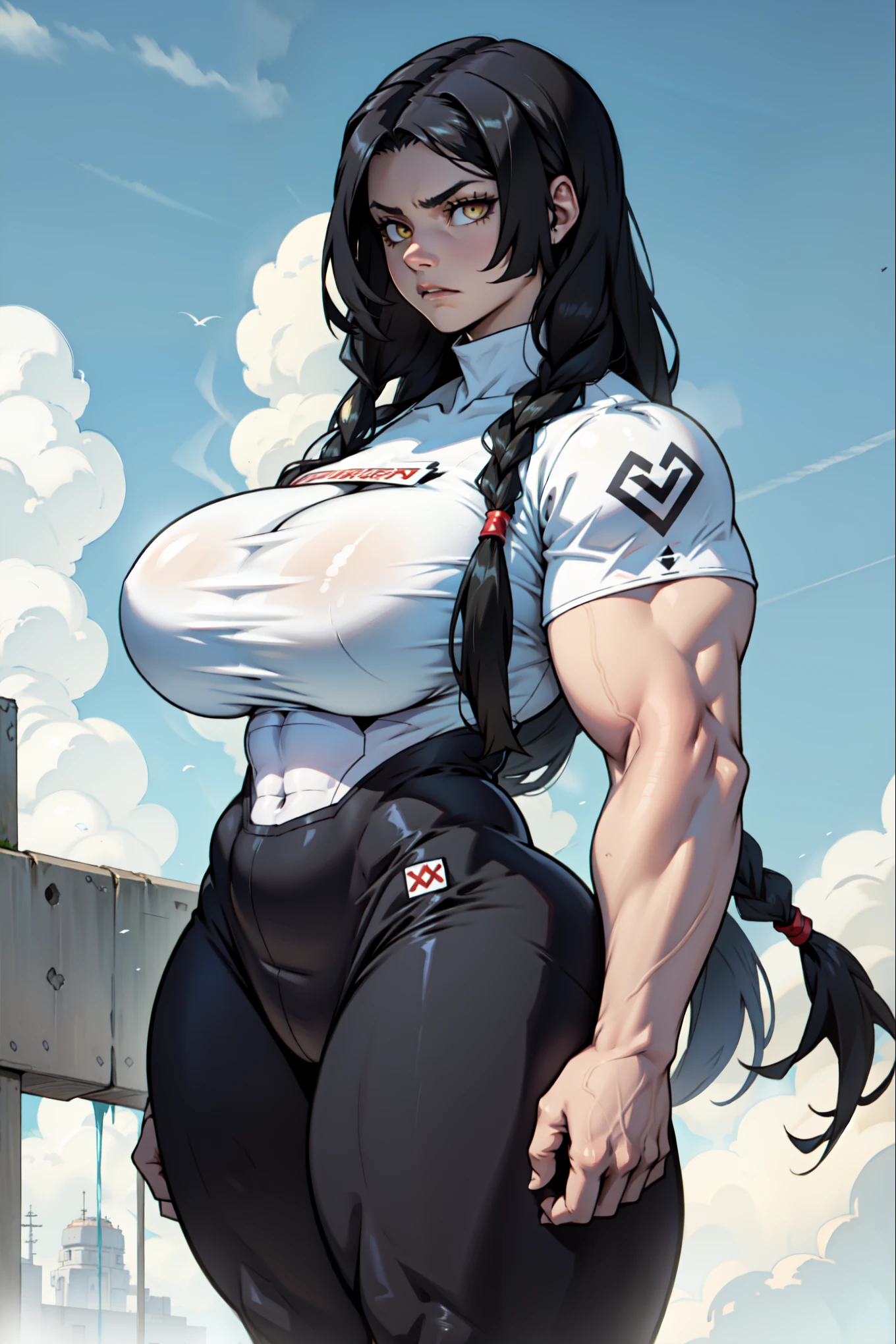 (((((muscular 1 girl))))) (thick thighs huge breasts wide hips curvy toned body)  (angry) yellow eyes black hair very long hair pale skin solo sundress