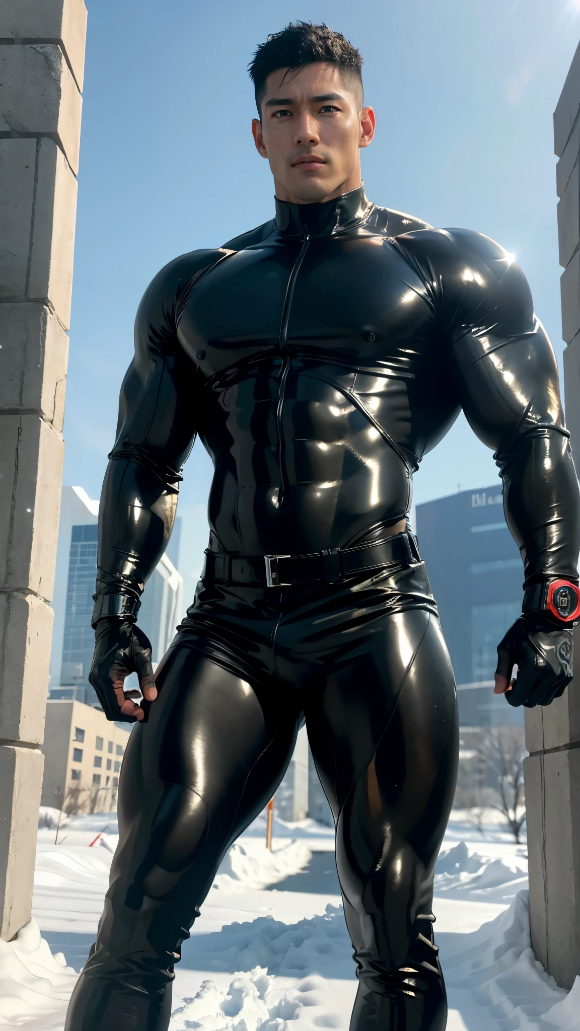 ((realistic: 1.5)),((best quality)), ((masterpiece)),((detailed)), male ninja, Vigilante, Caucasian American, handsome, photorealistic face,short hair, attack position, ninja vigilante tactical superhero outfit, katana on the back,wearing shiny black rubber suit, leather gloves, just outside of the city with evening cityscape in the background, huge biceps, huge muscles, muscular big body,