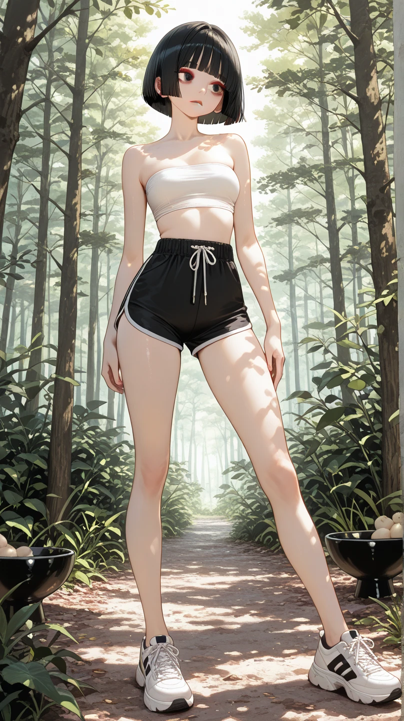 (Highest quality,High resolution,masterpiece:1.2),Outdoor,Hair tied up、Yoga pants,Beautiful woman,Modern,Natural scenery,Full Body Shot,Perfect figure,Forest Path,Brown Hair,Girl with glasses,A lustful look:1.1,nsfw:1.5、Long-sleeved tank top