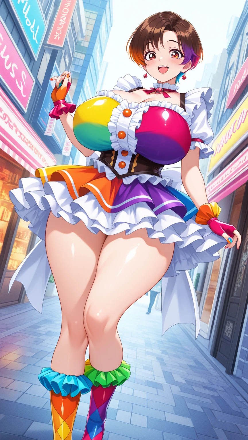 (8K, RAW Photos, Highest quality, masterpiece, Realistic, Detailed face, Detailed skin, Warm color temperature, High angle shot, Center View, View your viewers:1.2), (Full Body Shot, Front view, Straight:1.5), (alone:1.5), One girl, (opll:1.5), Beautiful Japanese Girl, wear (Sailor Moon Costume:1.3), (Elbow hand pockets, Heart Brooch, Magical girl, Pink ribbon, Pink choker, Pink sailor collar, Pink pleated mini skirt:1.2), Tight Top, No bra, Are standing, (Huge breasts:1.3), (low length:1.3), Height: 140cm, slim, (Short arms and legs:1.2), Brown Hair, (short hair, Bob:1.3), amount, Dull colors, Earrings, On the street, (night:1.2), smile