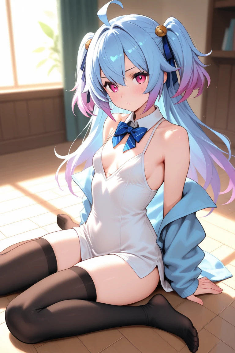 Absurdity, super detail, masterpiece, top quality, break, official art, (beautiful and aesthetic: 1.2), (watercolor: medium), break, devilish beautiful girl, beautiful girl, (cute: 1.3), 16 years old, break, colorful hair, splash, (mixed blue and pink hair: 1.2), (fractal art 1.3), break, cat ears, sexy, break, shoes, doll, break, white bikini, break, red eyes, break, sideways, watch viewer, break, plush bed, break, shy, nervous, blush, break, showa gravure, break,