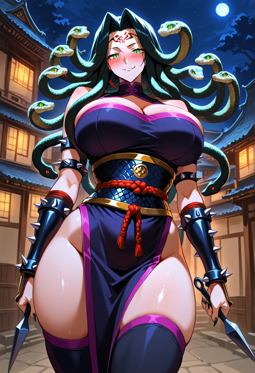 Samurai woman with gigantic roudn breast that are twice the size of her head, she has extremely wide hips, she wears a long dark hakama that covers her body, holding katana, she has a serious look on her face, ready for battle
