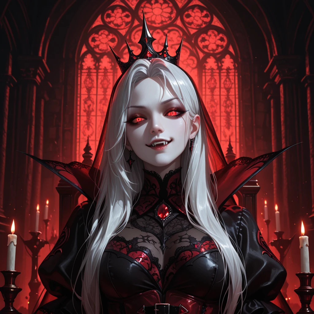 Realistic portrait of a vampire woman, fangs and red eyes, Dark sitting on a throne inside a castle.