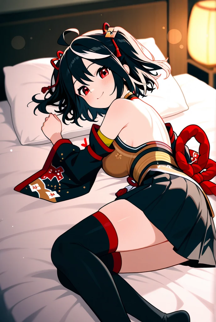 masutepiece, ultra-quality, Super Detail, Perfect drawing, beautiful girl in loincloth, Japan outfit, ((Sleep with your eyes closed)), Prone、Big ass, Beautiful Girl, Samurai, in yukata, Black ponytail, Hair tied up with a large red ribbon,blush (0.2), The wind is beautiful,Elegance, Beautiful background, Accurate drawing, detailed drawin