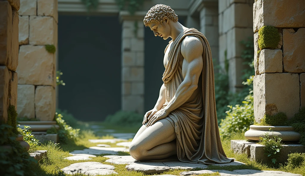 (obra-prima, melhor qualidade: 1.3), Stone statue, in a thinker's position, has a broken arm, is full of mosses, in a ruined castle