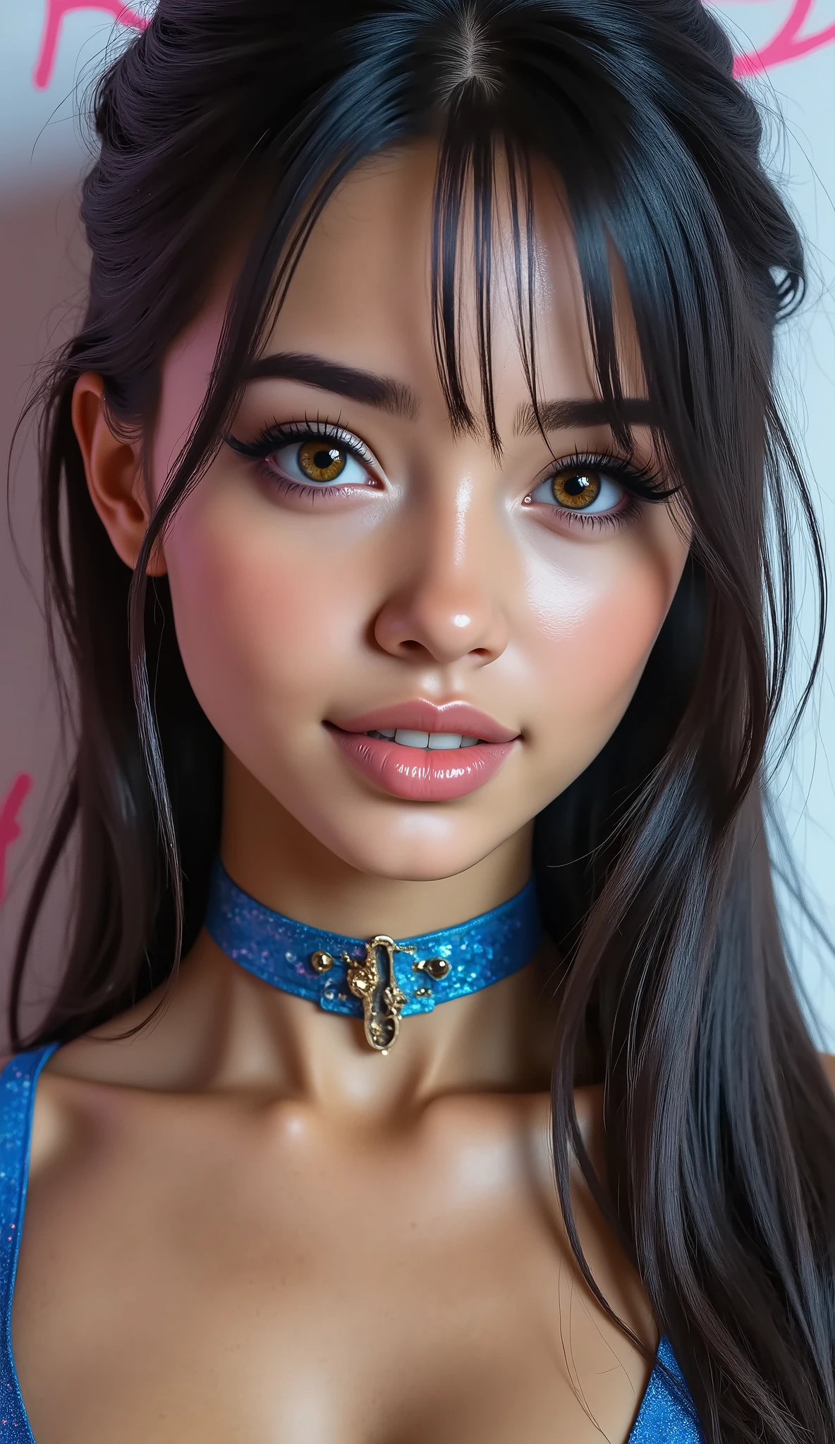 score_9, score_8_up, score_7_up, score_6_up, 1girl, solo, jewelry, rating: safe, brown_eyes, black_hair, lips, makeup, armlet, breasts, egyptian, egyptian_clothes, dark_skin, nose, earrings, gold, lipstick, cleavage, realistic, looking_at_viewer, medium_breasts, open_mouth, piercing, gyaru, blunt_bangs, bangs, bob_cut, vampire, fangs, from_above, downblouse
