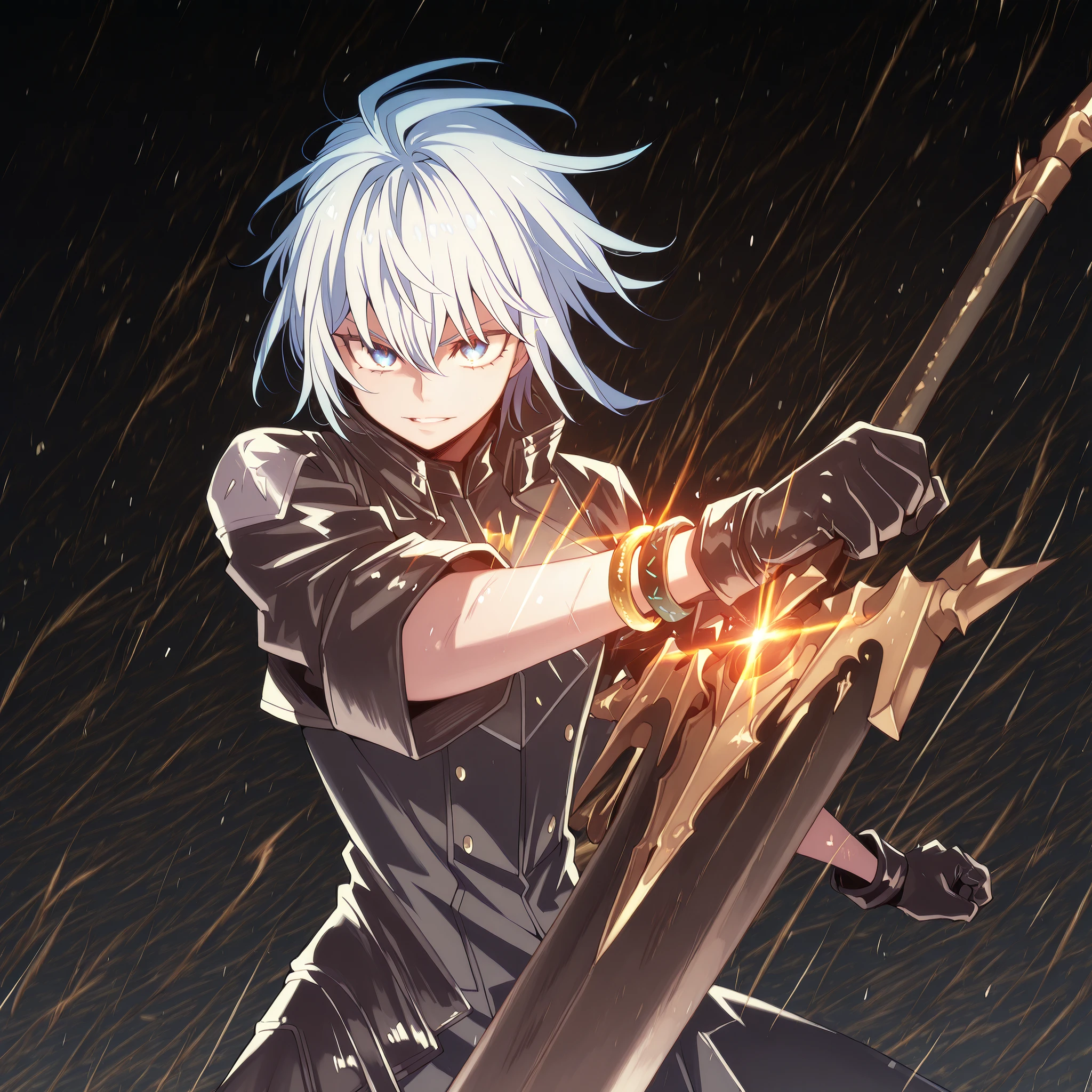 sozinho, 1 menino, e curto, pequeno personagem, personagem curto, personagem 1.50 metros de altura, e curto, personagem jovem, with Vanitas male body from "vanitas no carte", male character, campo longo, loose white hair with blue underside, young e curto character, similar in height to Rimuru Tempest;
shiny white hair, , the character's hairstyle must match that of Uchiha Sasuke, campo longo bangs, hair tied in a long field or ponytail;
The character's face must be the same as Hill's "Lilith's Cord", striking blue eyes , rosto provocativo, sorriso provocante, perfect and beautiful face;
anatomia perfeita, Black Military Tactical Clothing, tight to the body with gold details, Lucifer/Lucio style from Granblue Fantasy (military tactical black), exposed arms, corpo curto, exposed arms and shoulders, Dusk's black coat of the character "arknights", coat falling over the arms, black gloves covering the entire arm with gold bracelets on the wrists;
holding a large and giant sword completely black, greatsword campo longoer than the character's height, black blade;
fundo preto, attack position (holding a large and giant sword completely black, greatsword campo longoer than the character's height, black blade), Black Military Tactical Clothing, tight to the body with gold details, Lucifer/Lucio style from Granblue Fantasy (military tactical black), exposed arms, corpo curto, exposed arms and shoulders, Dusk's black coat of the character "arknights", coat falling over the arms, black gloves covering the entire arm with gold bracelets on the wrists;
pose chamativa, looking at the observer, sorriso provocante, confiante, he's a young boy,
character is a male character, tall similar to the character Rimuru Tempest;