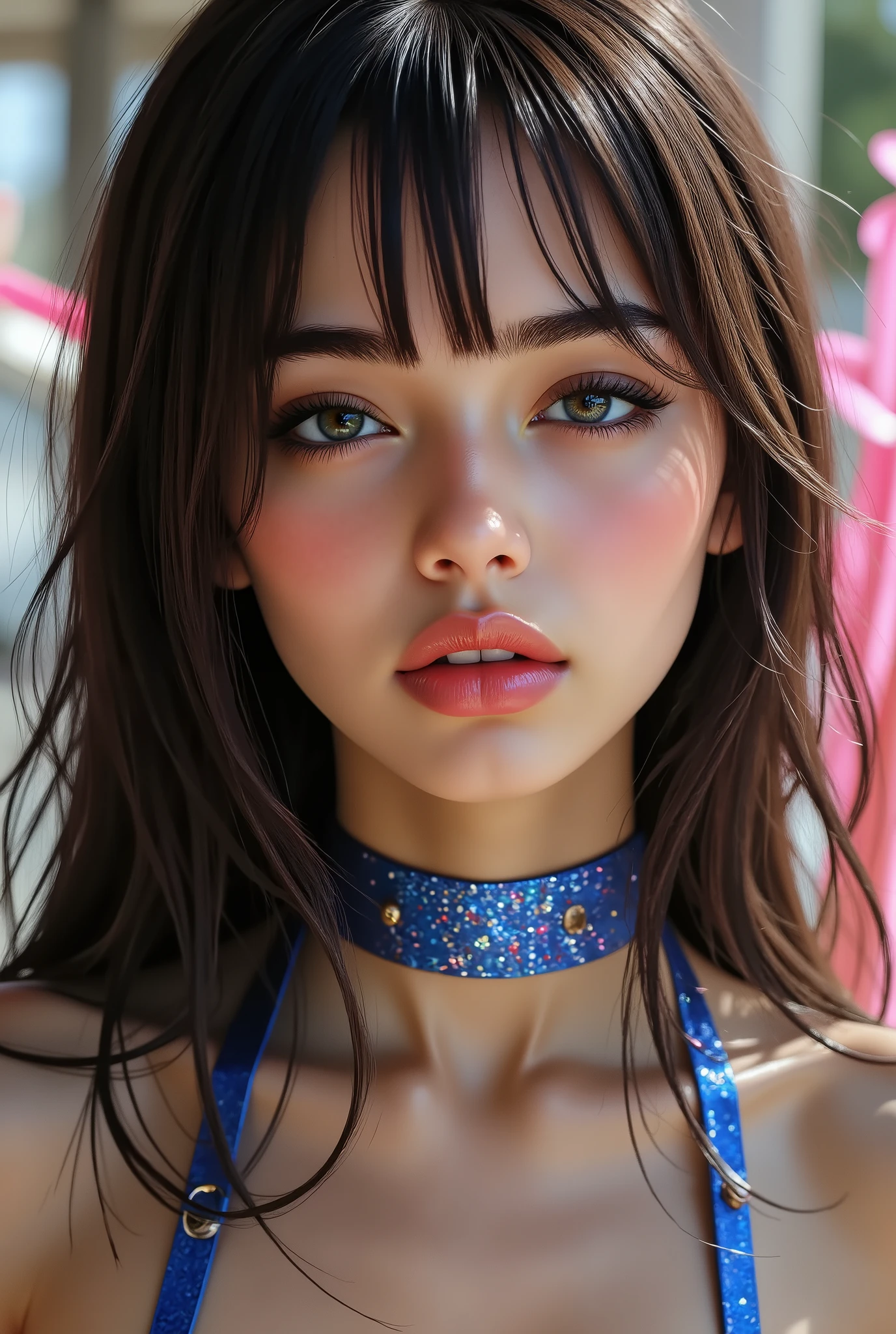 (UHD, retina, masterpiece, accurate, anatomically correct, textured skin, super detail, high details, high quality, best quality, high res, 1080P, HD, 4K, 8k, 16k), (eye candy, beautiful detailed blue eyes, beautiful detailed lips, extremely detailed eyes and face), sexy pouty lips, studio lighting, physically-based rendering, vivid colors, (large sexy breasts), (unbuttoned business shirt, sexy lace bra), cleavage, (medium closeup shot, side swept shiny hair, shiny skin, blush), (bokeh), eye reflection,, dark atmosphere, highly detailed skin texture, extreme details, perfect breast, tanned skin, freckles,, ultra detailed skin texture, soft lights, pale skin, bmb-fc,