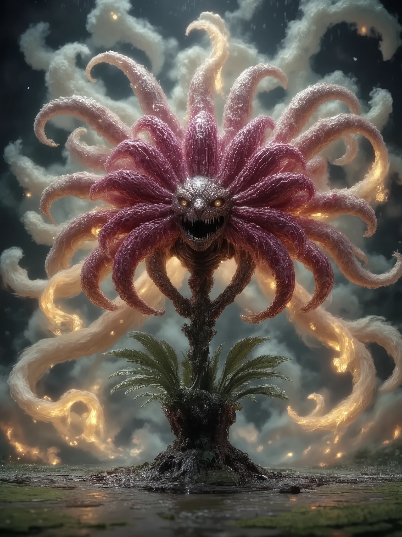 peonies, shadow demonic flower, demon aura, dark spell, spell patterns in the air, spell symbols, evil flower, nimbus dragon, Harajuku style