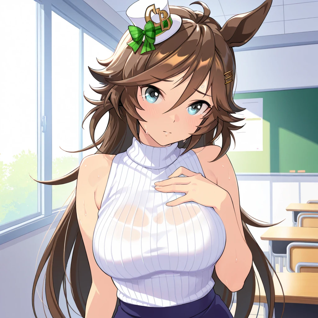 Highest quality,masterpiece, Highest Resolution, 1 girl, 1 boy, boy lift girl,nsfw, full naked, indoor, classroom, huge breasts, fanny pucking, sex, lifted body, pink nipple, shaved pussy, blush, close up, horse ears, horse tail,