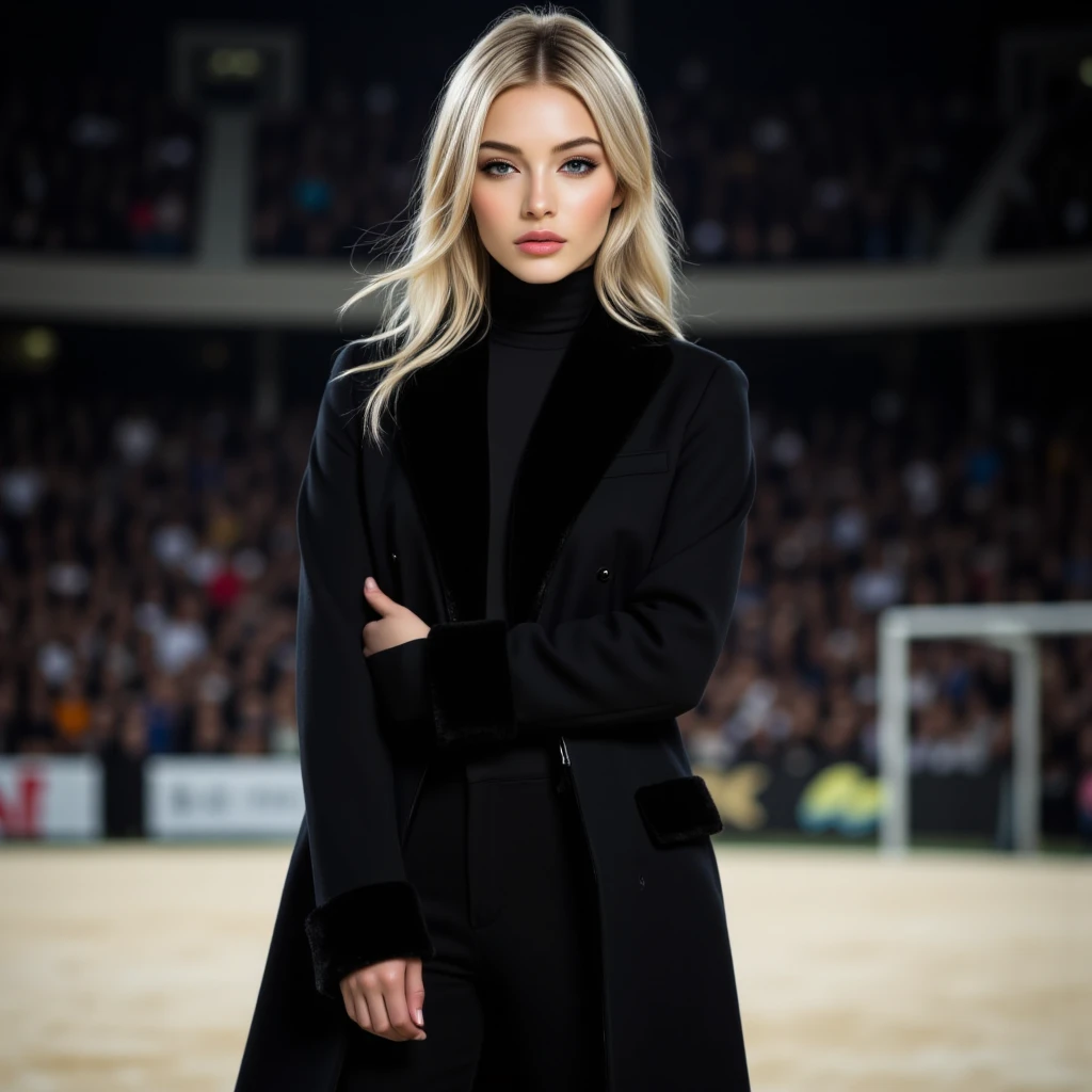 photo of S383_ValeryKaufman,a stylish woman,in an (arena:1.1),wearing a (turtleneck:1.1),(skirt),(braids),(4k, RAW photo, best quality, 35mm, depth of field, ultra high res:1.1),(intricate, photorealistic, cinematic-shot, masterpiece, ultra-detailed:1.1),