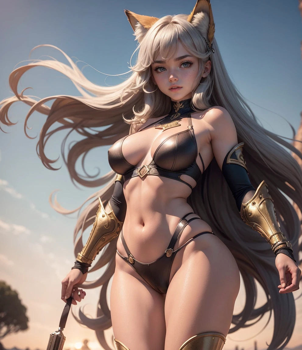 Korean, masterpiece, best quality, high quality, extremely detailed CG unity 8k wallpaper, (realistic, Photo real: 1.3), (RAW photo: 1.2), woman body set medium breasts, breast exposure, breast increased highlights, body full of sweat, wet body, full and natural breasts, plump breasts, tender skin tone, straight buttocks, (transparent thong), surreal, 8K, original photo, film grain, super high resolution, super detail, tall, very clear face, slender long legs, a pair of snow-white slender beautiful legs, like ivory carved jade legs, perfect proportion and length, stunning face, melon seed face, qiong nose cherry lips, eyebrows picturesque, amorous, charming, slender and slender waist, close-up of a woman in gold and white, super detailed rendering, 3 D rendering character art 8 K, complex white and gold armor, complete samurai armor fox, high detail iconic character, 8K rendering, octane rendering, super detail octane rendering, super detailed octane rendering, super detailed octane rendering, super detailed 3 d rendering, futuristic style fox demon --auto --s2