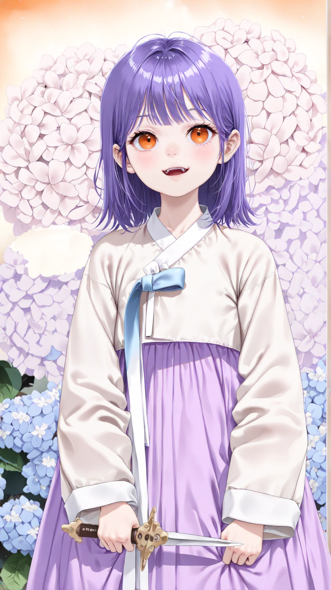 very aesthetic, 걸작, 고해상도, 8k 해상도, high contrast, (semi-realistic), newest, koreanai, best_quality, finely_detailed_eyes_and_detailed_face, (1 girl), (young girl, small girl, , , short_height:1.4), orange_eyes, purple_hair, medium_hair,slicked_side, hanbok, wide_sleeve, long_skirt, long_sleeves, looking_at_viewer, dynamic_angle, (watercolor_background, blue_hydrangea), thin_waist, flat_chest, thin, open_mouth_smile, (holding_dagger)
