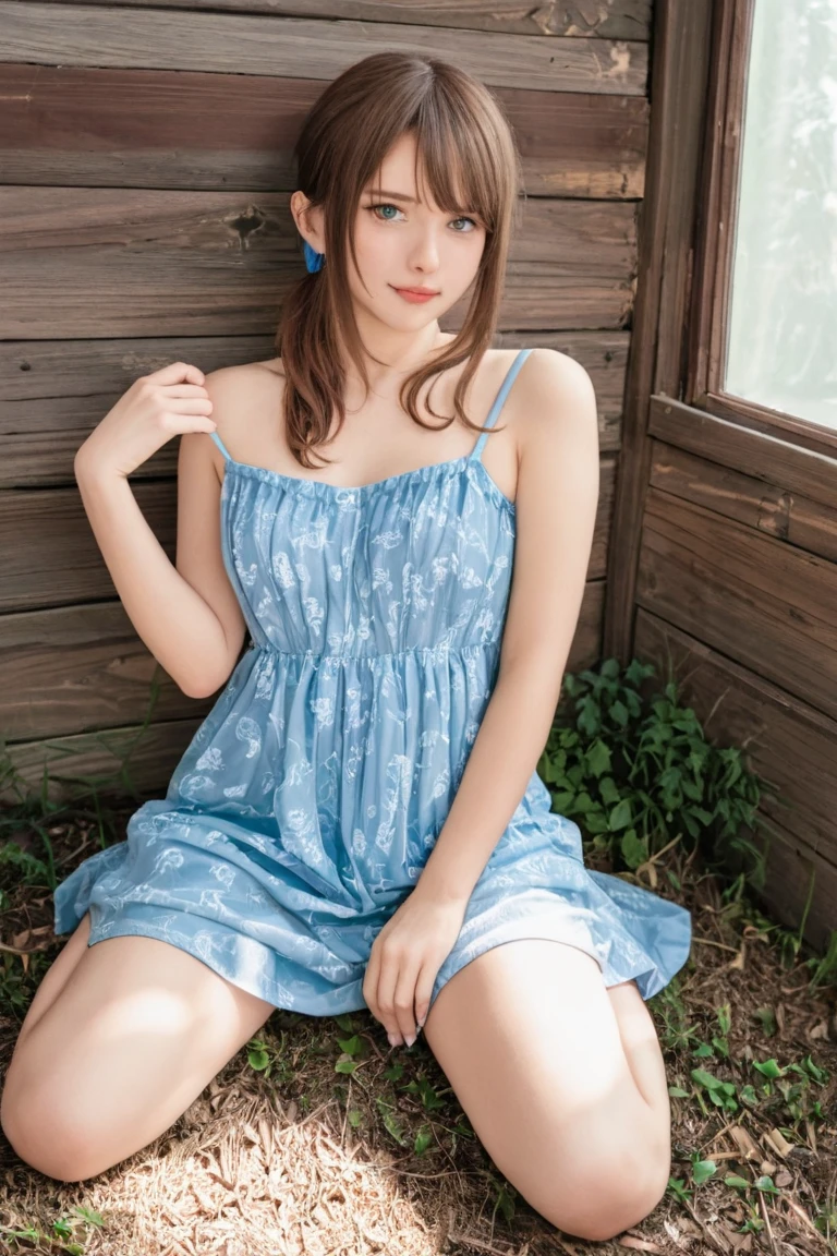 12 year old Irish girl, green eyes, long spiralling curly red hair, loose hair, a few freckles across bridge of nose, full lips, double lined eyelids, slender arms, curvy, fit, beautiful figure, plump breasts, flat stomache, athletic legs. wearing flowy, flowery button-up dress made of a sheer, summery fabric, translucent. Unbuttoned and opendress to the waistline. backlit from evening sunshine. beautiful country scene behind. sitting  with open legs, knees apart revealing white panties underneath,  near beautiful flower garden. Girl is sweating from the heat and excersize.