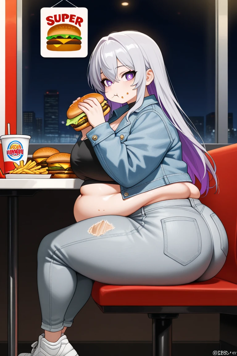 Masterpiece, high quality, best quality, beautiful, perfect lighting, detailed face, detailed body, ((1girl)), ((solo)), ((silver hair)), medium hair, ponytail, (messy hair), yellow eyes, looking at viewer, smile, teasing, (excited), ((blush)), happy, black shirt, jeans, large breasts, cleavage, perky breasts, (wide hips), ((thick thighs)), (chubby), chubby belly, ((fast food restaurant)),