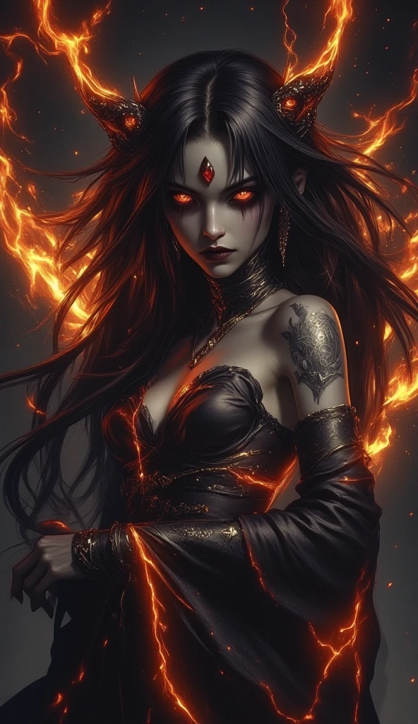 There is a beautiful demonic witch standing in the middle of raging fire storm, her hair is fire it self, eyes like embers she dressed in beauriful sexy long black robe with red parts and golden jewlery, (ultra high quality fantasy art, dafk fantasy style, masterpiece, ultra highquality character design, 8k quality anime art, realistic anime art, top quality wallpaper illustration, detailed ultra high quality acurate face, highquality design and acurate physic)