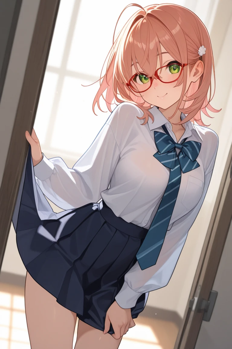 ((masutepiece, Best Quality, hight resolution, nffsw, Perfect Pixel, depth of fields, 4K, )), 1girl in, Solo, Lori, Beautiful anime girl, Beautiful Art Style,
close up, Looking at Viewer,
Perfect body,
Yuigahama Yui, Short hair, Pink hair, large boob, Hair bun,
White ruffled shirt, black short pencil skirt, Pink Panties,
thighs thighs thighs thighs, shortsleeves,
classroom, high school,
surprised, open mouth,
Glasses,
From below, Focus,